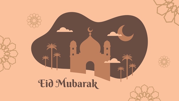 Tło banera eid mubarak z dużym księżycem meczetu i islamskimi ozdobami