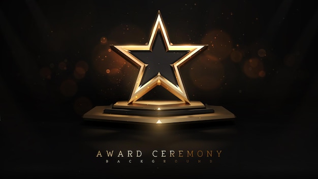 Tło ceremonii wręczenia nagród i element 3d złotej gwiazdy na dekoracjach podium i efektów świetlnych oraz bokeh