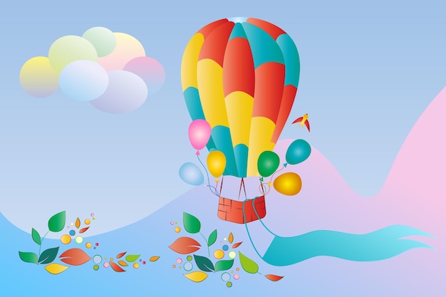 tło dla dzieci z balonem, liśćmi i wielokolorowymi chmurami z wypełnieniem gradientowym