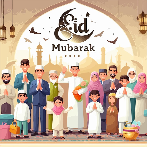 Tło Eid Mubarak z islamskimi muzułmanami i ilustracją wektorową meczetu.