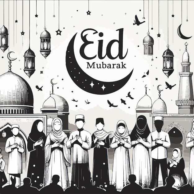 Tło Eid Mubarak z islamskimi muzułmanami i ilustracją wektorową meczetu.