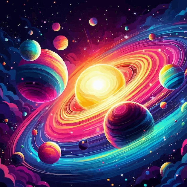 Tło Galaktyki Z Kolorowymi Planetami Jasna Kolorowa Ilustracja Wektorowa
