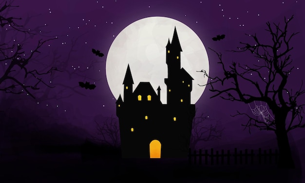 Tło Halloween z pełnią księżyca i zamkiem w narysowanej dłonią gwiaździstej nocy