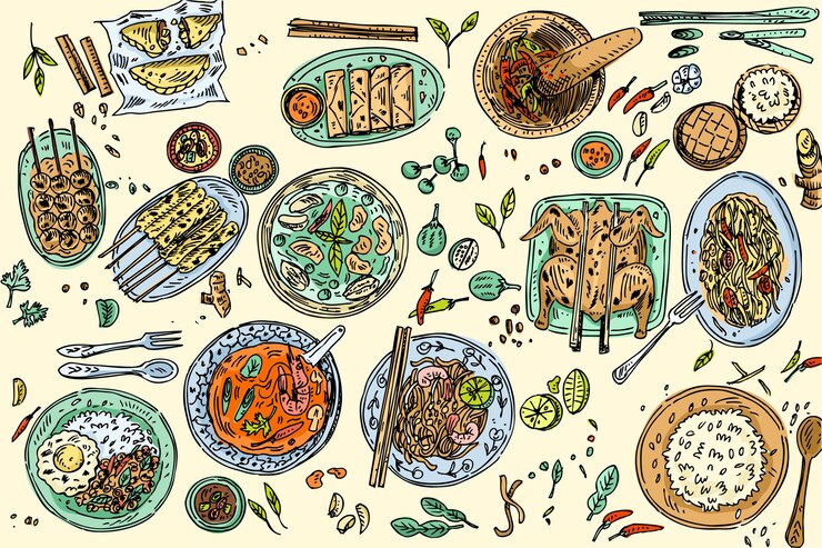 Tło kuchni tajskiej, ręcznie rysowane popularne tajskie jedzenie, takie jak zupa Tom Yum, makaron Pad Thai, satay z kurczaka, sałatka z papai itp.