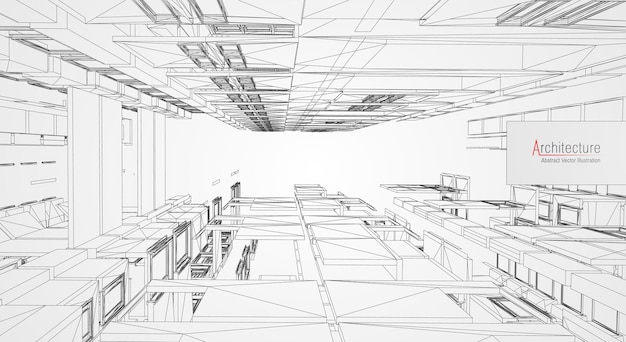 Tło linii architektury. Budynek szkic wektor streszczenie. Projekt 3d nowoczesnego miasta. Technologia siatki geometrycznej. Dom projektu drutu. Cyfrowy model szkieletowy innowacji architekta.
