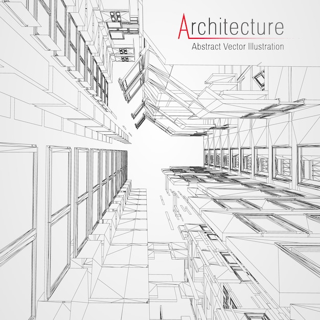 Plik wektorowy tło linii architektury. budynek szkic wektor streszczenie. projekt 3d nowoczesnego miasta. technologia siatki geometrycznej. dom projektu drutu. cyfrowy model szkieletowy innowacji architekta.