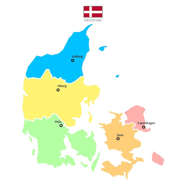 Tło Mapy Danii Z Nazwami Regionów I Miastami W Kolorze Flagi Mapa Danii Na Białym Tle O