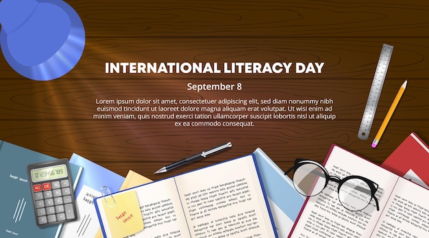 Plik wektorowy tło międzynarodowego dnia alfabetyzacji z książkami i artykułami papierniczymi na stole