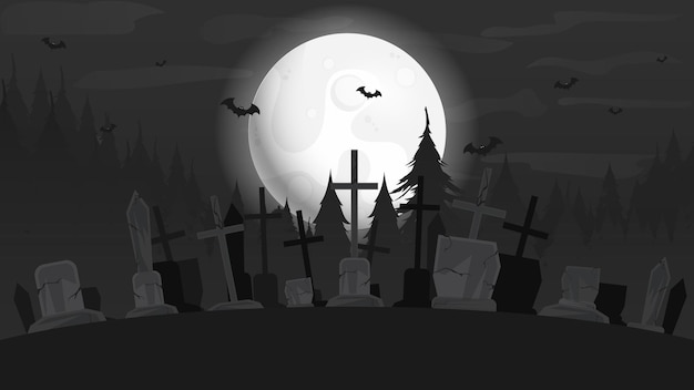 Tło Na Halloween Tło Z Dużym Księżycem I Wektorem Cmentarza