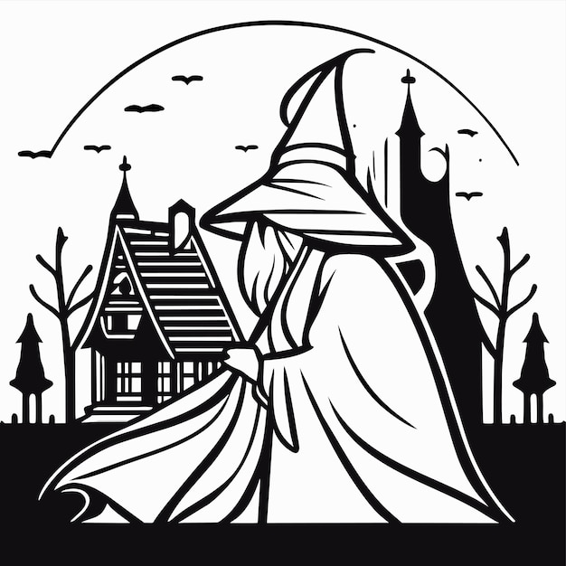 Plik wektorowy tło nocy halloween z ręcznie narysowaną czarownicą płaską stylową naklejką kreskówkową