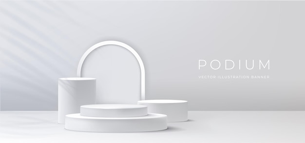 Tło podium Biały stojak 3D platforma wyświetlacz scena piedestal różne formy Cylinder z minimalnym cieniem Baza maketa ściana scena studia szablon baner pokój wektorowy