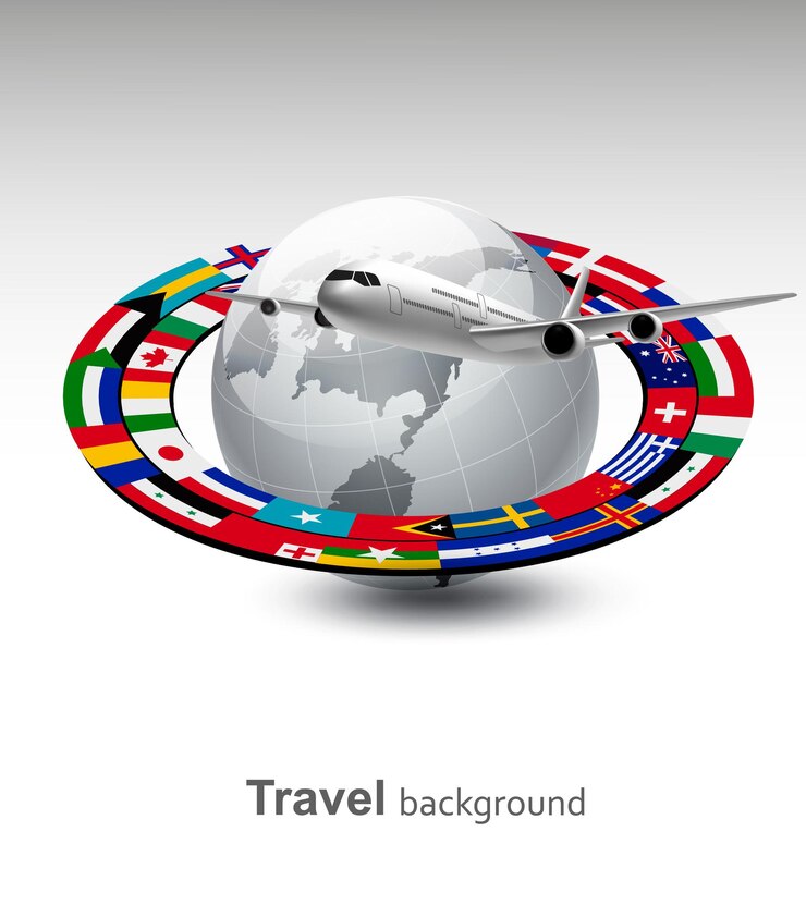Wektor tło podróży. globe z samolotem i paskiem flag.