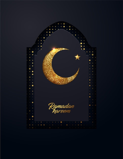 Plik wektorowy tło ramadan kareem wykonane z błyszczących małych złotych kropek i efekt wyciętego papieru.