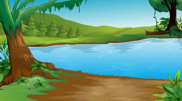 Plik wektorowy tło scena z drzewami i jeziorem