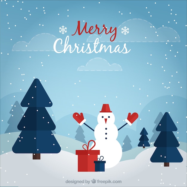 Tło śnieżny krajobraz z snowman i prezenty
