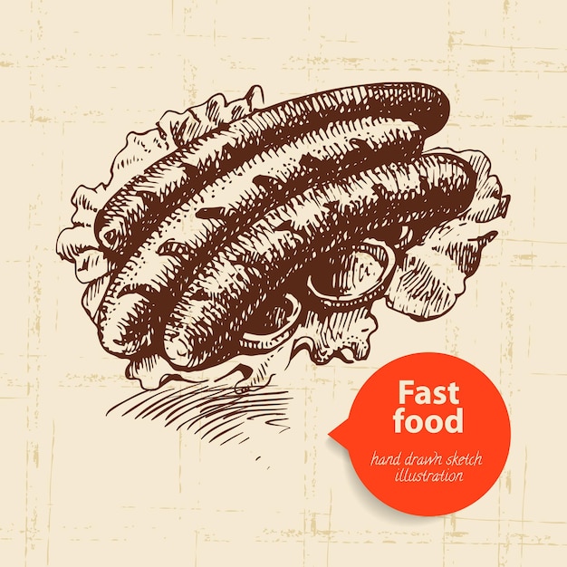 Tło Starodawny Fast Food. Ręcznie Rysowane Ilustracja. Projekt Menu