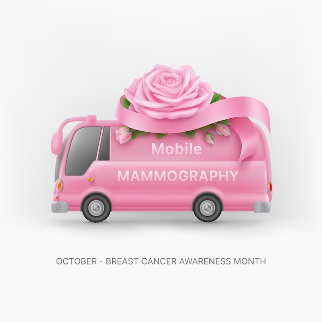 Plik wektorowy tło świadomości raka piersi z różową różą i mobilnym autobusem do mammografii