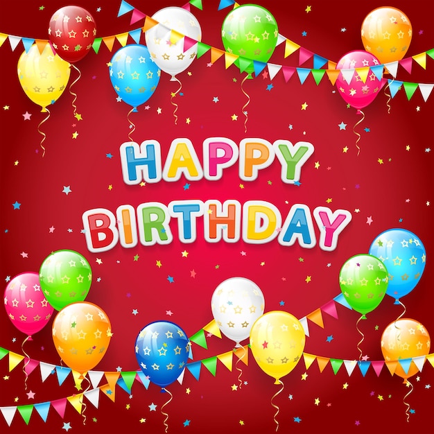 Tło Urodziny Napis Happy Birthday Z Latającymi Kolorowymi Balonami Wielokolorowe Proporczyki I Konfetti Na Czerwonym Tle Happy Birthday Tematu Ilustracji