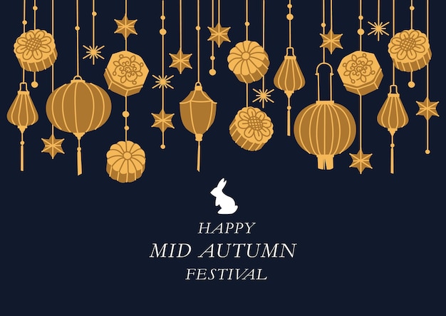 Tło Wektor Dla Mid Autumn Festival Lub Mooncake Festival Z Ilustracyjnymi Królikami I Papierowymi Lampionami I Dekoracją