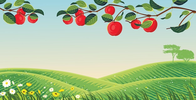 Plik wektorowy tło wektor sadu jabłkowego z gałązkami owoców i liści jabłoni w pięknym krajobrazie