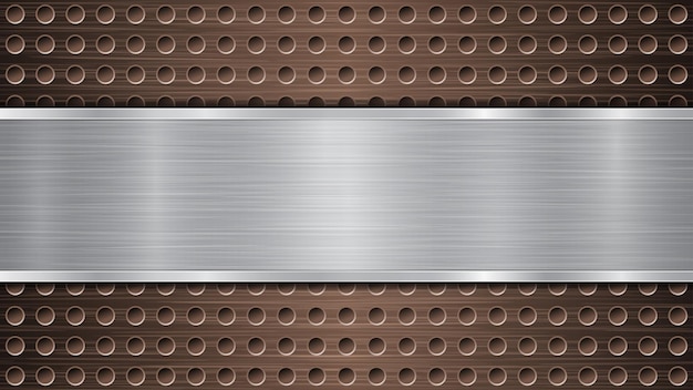 Plik wektorowy tło z brązowej perforowanej metalicznej powierzchni z otworami i poziomą srebrną polerowaną płytą z metalową teksturą i błyszczącymi krawędziami