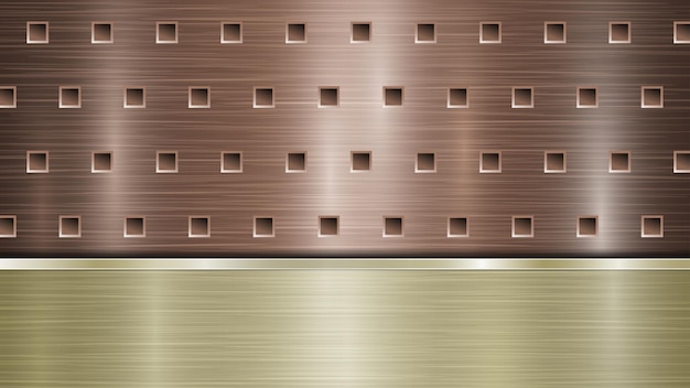 Plik wektorowy tło z brązowej perforowanej metalicznej powierzchni z otworami i poziomą złotą polerowaną płytą z metalową teksturą i błyszczącymi krawędziami