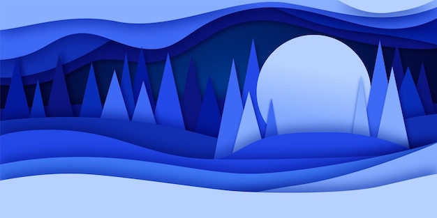Tło Z Drzewami Na Naturze Wektorowa Papierowa Cięcie Skutek Płaska Ilustracja