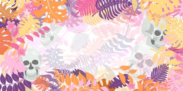 Tło z egzotycznych roślin dżungli i ludzkich czaszek Tropikalne liście palmowe i kwiaty Ilustracja do meksykańskiego święta dzień zmarłych Dia de los Muertos wielobarwny na białym