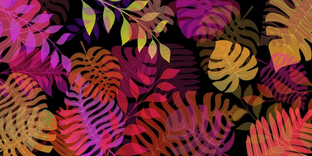 Tło z egzotycznymi roślinami dżungli. Tropikalne liście palmowe. Ilustracja lasu deszczowego, wielobarwny na czarno.