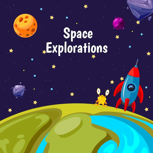 tło z miejscem na tekst z kreskówki planet i statków kosmicznych ilustracji