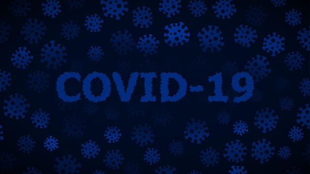 Plik wektorowy tło z wirusami i napisem covid-19 w granatowych kolorach. ilustracja na temat pandemii koronawirusa.