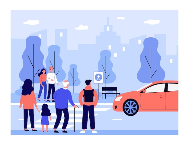 Tłum ludzi stojących na płaskiej ilustracji przejścia dla pieszych