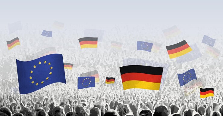 Wektor tłum z flagą unii europejskiej i niemiec mieszkańcy niemiec z flagą ue