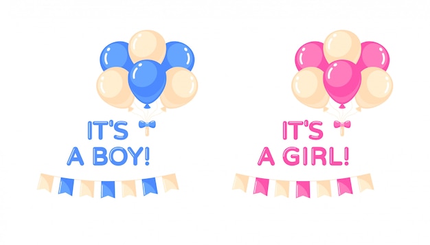 To Dziewczyna, To Chłopiec Z Balonami I Flagami. Element Projektu Baby Shower. Ilustracja Na Białym Tle