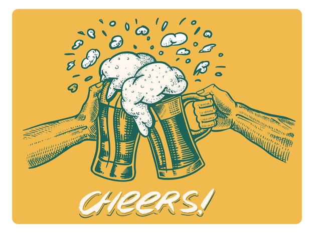 Plik wektorowy toast na zdrowie piwo w dłoni vintage etykieta alkoholowa z elementem kaligraficznym amerykański baner lub plakat ręcznie rysowane grawerowane szkice dla menu pubu internetowego