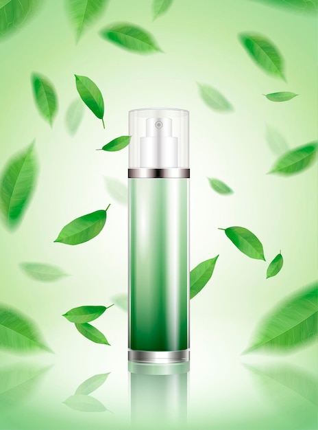 Toner w sprayu z zielonej herbaty z orzeźwiającymi liśćmi latającymi w powietrzu na ilustracji 3d