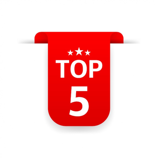 Top 5. Czerwona Wstążka. Płaskie Ilustracja Na Białym Tle