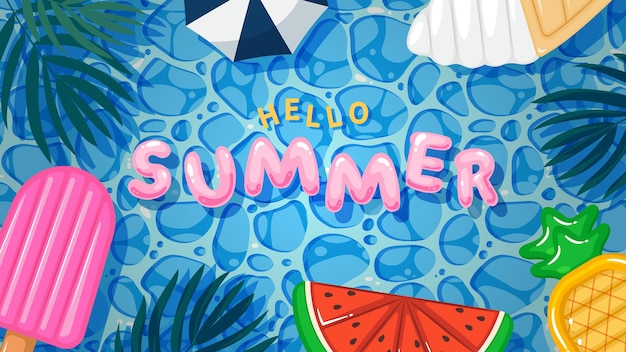 Top view basen ozdobiony uroczymi nadmuchiwanymi i liśćmi i tekstem Hello Summer