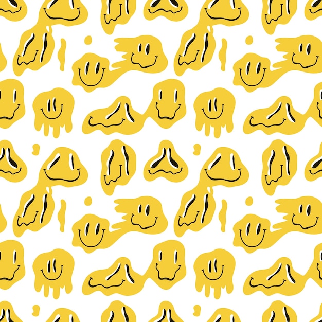 Topienie Uśmiechnięte Twarze Wzór żółty Kolorowe Groovy Emoji Kapanie Roztopiony Znaków Szalony Uśmiech Tło Hippie Psychodeliczny Wydruku Wektor Ilustracja Kreskówka Płaskie