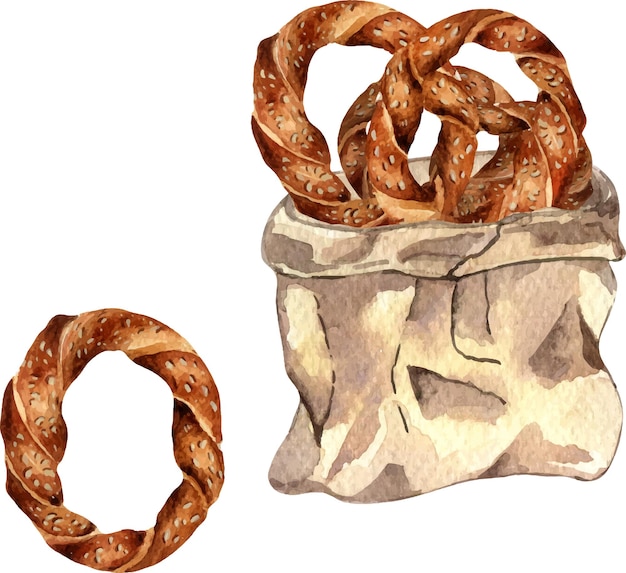 Plik wektorowy torba z papieru rzemieślniczego z ilustracją akwarelową izolowaną na białym tle brązowa torba z tureckim ciastem ręcznie narysowanym malowanym ciastem element do projektowania piekarni sklepu spożywczego