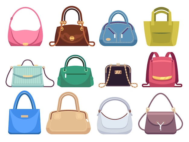 Plik wektorowy torby damskie. torebki damskie z modnymi dodatkami. skórzana damska kopertówka i torebka w nowoczesnym stylu damskim