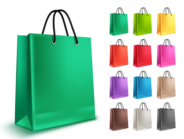 Plik wektorowy torby na zakupy wektor zestaw. puste torby papierowe z zielonymi i innymi kolorami na białym tle.