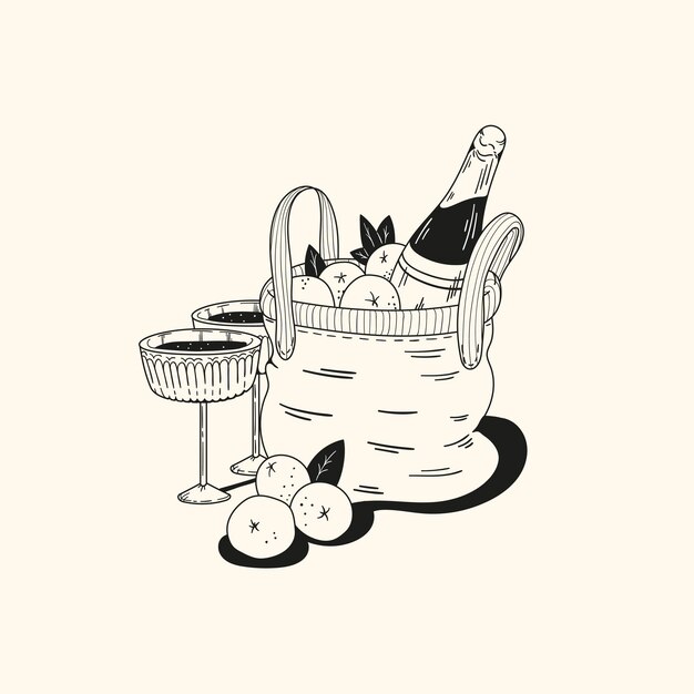 Plik wektorowy torebka z soczystej pomarańczy i szampana z kieliszkami na wino