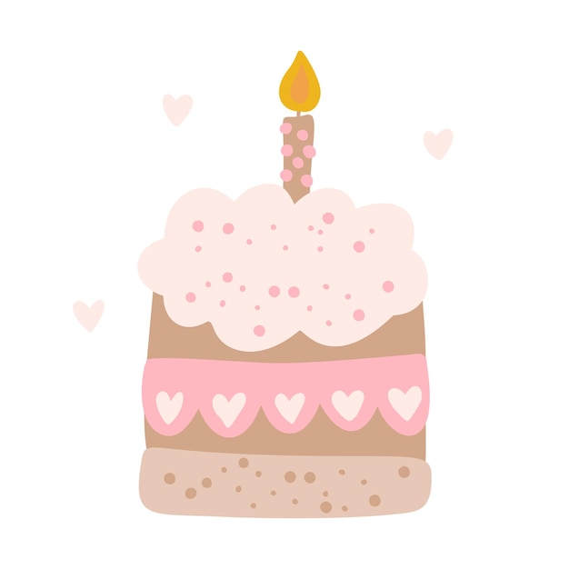 Tort urodzinowy ze świecą wektor przyjęcie dla dzieci prosty płaski deser doodle ilustracja