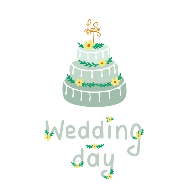 Tort Weselny Dzień ślubu Tekst Ręcznie Rysowane Ilustracja