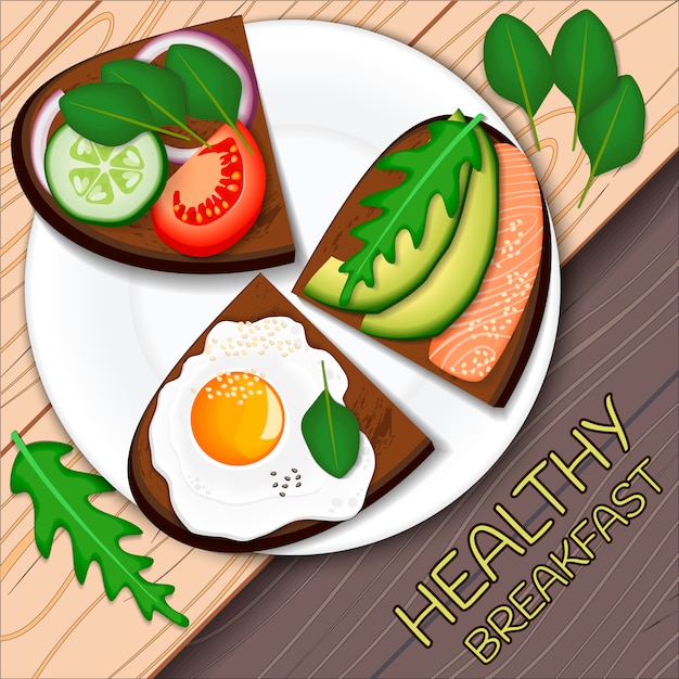 Plik wektorowy tosty z plastrami awokado, jajkiem sadzonym i łososiem z, podawane na talerzu. zdrowe jedzenie