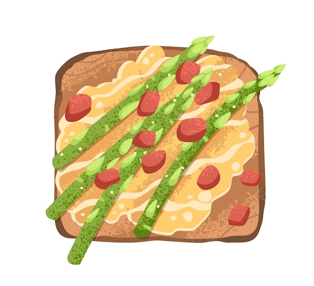 Plik wektorowy tosty z zielonymi szparagami, miodem i orzechami. wegetariańska kanapka na grillowanym chlebie z orzeszkami ziemnymi, warzywami. wegańska przekąska. jedzenie na śniadanie. płaskie wektor ilustracja na białym tle