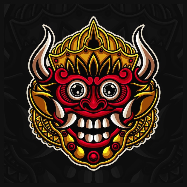 Tradycyjna Maska Indonezyjska Ilustracje Do Projektowania Logo Barong, Balijska Maska W Stylu Handrawn