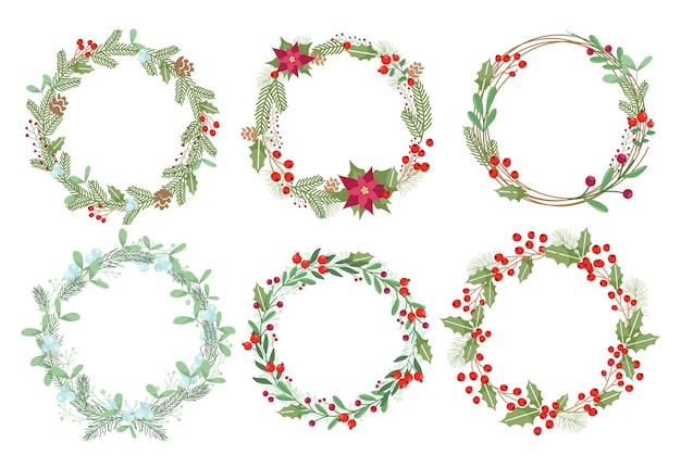 Plik wektorowy tradycyjna świąteczna dekoracja z kwiatów jemioły, ostrokrzewu i poinsecji. zimowe elementy dekoracyjne.