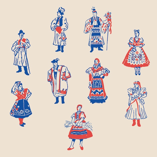 Tradycyjne europejskie kostiumy ludowe stare postacie UE retro vintage ilustracja elementy graficzne